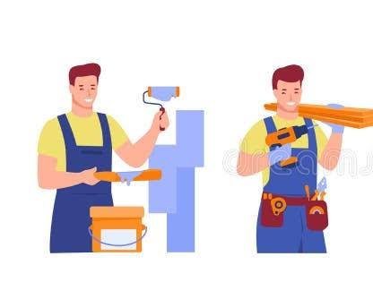 Ilustración de un trabajador con herramientas de pintura y trabajo.