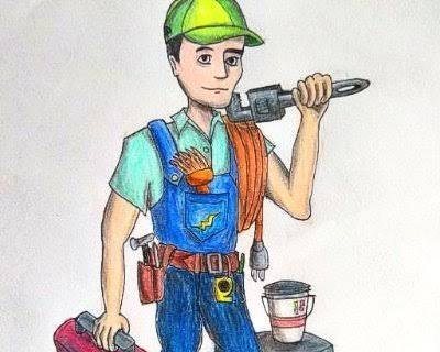 Ilustración de un técnico con herramientas, manguera y balde.